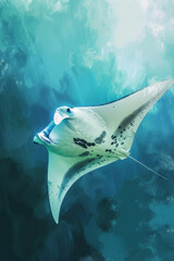 Oceanic Glide: Elegant Manta Ray Swimming in Blue Water Depths