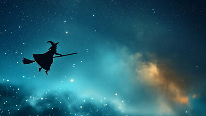 Witch silhouette in hat flies on broom against starry sky and clouds at night. Mystical creature and creepy events on Walpurgis night. Non-existent creature with magic skills - obrazy, fototapety, plakaty