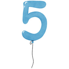 Blue watercolor drawing balloon  number 5  ,five for the birthday. clipart for girls