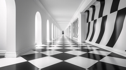 Obraz premium Ilusión óptica, pasillo de una vivienda hecha con lineas y cuadros en blanco y negro creando una ilusión óptica como en el cuento de Alicia en el país de las maravillas