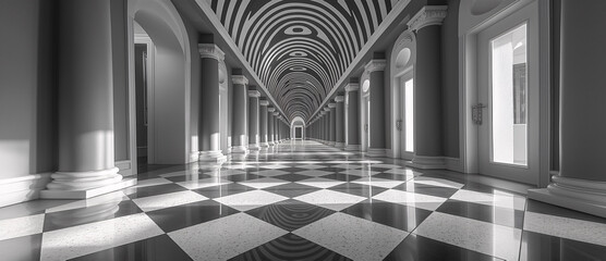 Ilusión óptica, pasillo de una vivienda hecha con lineas y cuadros en blanco y negro creando una ilusión óptica como en el cuento de Alicia en el país de las maravillas