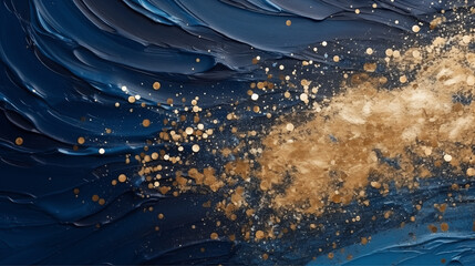 Tło abstrakcyjne olej na płótnie malowany farbami granatowymi i złotą farbą. Tekstura plamy przypominającej galaktykę i gwiazdy na niebie.	