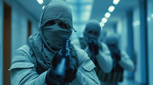 Group of armed terrorists wearing cloth masks storming an office lobby. Generative AI.