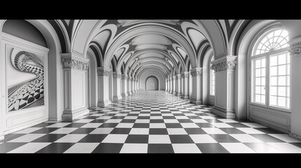 Ilusión óptica, habitación de una vivienda hecha con lineas y cuadros en blanco y negro creando una ilusión óptica como en el cuento de Alicia en el país de las maravillas