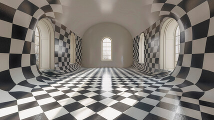 Ilusión óptica, habitación de una vivienda hecha con lineas y cuadros en blanco y negro creando una ilusión óptica como en el cuento de Alicia en el país de las maravillas - obrazy, fototapety, plakaty