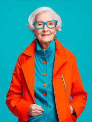Retrato de una mujer senior en el fondo del estudio de color turquesa. Vista de frente y de cerca. IA Generativa
