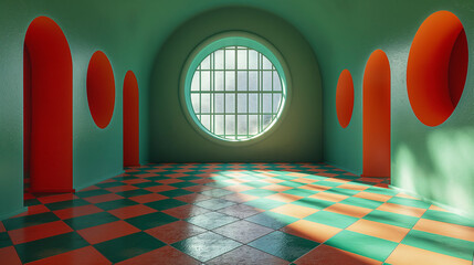 Ilusión óptica, habitación de una vivienda hecha con cuadros en color verde y rojo creando una ilusión óptica como en el cuento de Alicia en el país de las maravillas