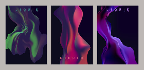 Set of color fluid shape on dark background. Abstract liquid gradient forms. Vector graphic elemen