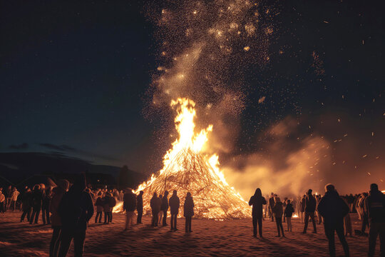 Crowd of people stands around majestic bonfire reaching dark sky at night. Celebration of old holiday by whole village. Lighting fire for rituals, close-up