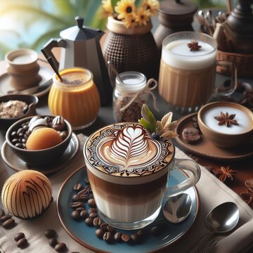 Morning hot coffee latte at resort cafe, stock photo