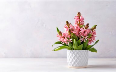 Pink blooming flower hyacinths in a pot on the white table in the apartment. International women's day gift