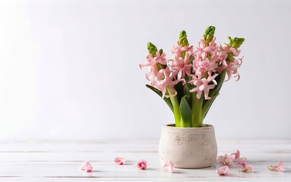 Pink blooming flower hyacinths in a pot on the white table in the apartment. International women's day gift