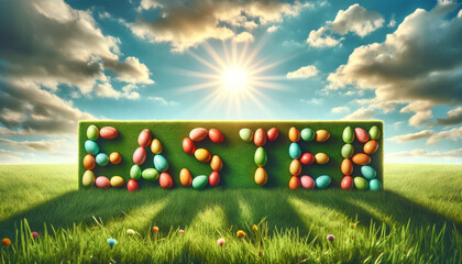  happy Easter greeting card with text from Easter eggs with on the green grass and sky background - obrazy, fototapety, plakaty