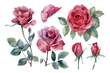 Collection of pink roses flowers isolated on transparent background