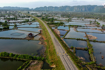 View of railway tracks and rice fields in the countryside in, Indonesia