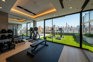 Fototapeta na wymiar Modern Gym Interior with City View for Fitness Lifestyle Magazines and Sport Facility Ads