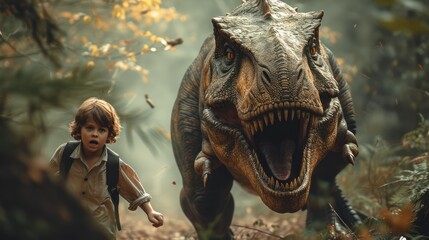 A boy being chased by a giant T-Rex in a woods. Generative AI.