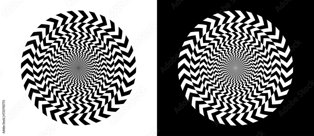 Poster Arrows in circle abstract background. Dynamic transition optical illusion. Black shape on a white background and the same white shape on the black side.