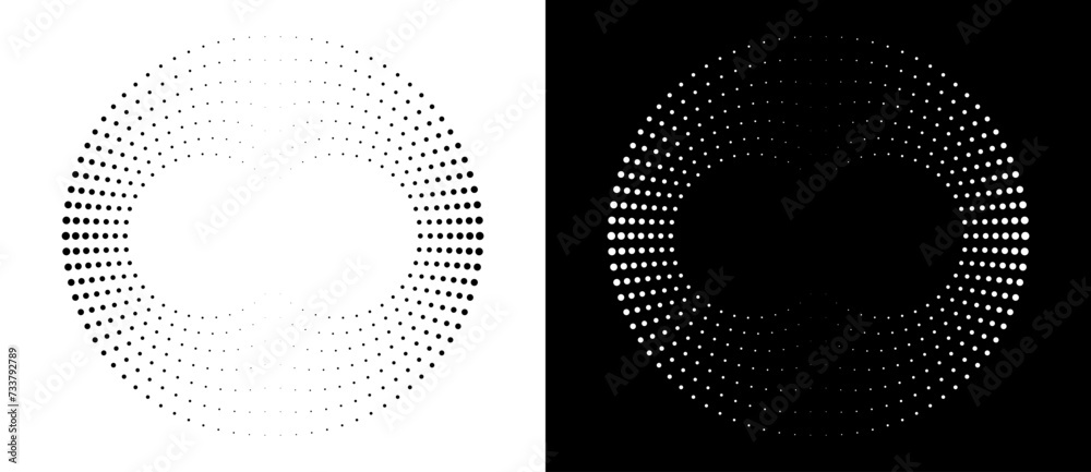 Poster Modern abstract background. Halftone dots in circle form. Spiral logo, icon or design element. Black dots on a white background and white dots on the black side.