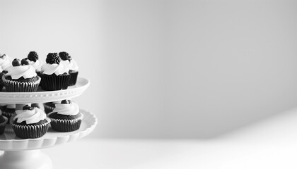 Simple chocolate cupcakes tower with buttercream frosting and berries in white and black, on plain background for  product mock up with blank space for bakery or cake design party decoration concept - obrazy, fototapety, plakaty