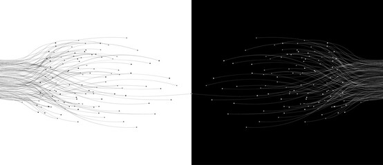 Abstract lines with dots. Connecting or big data concept. Black shape on a white background and the same white shape on the black side.
