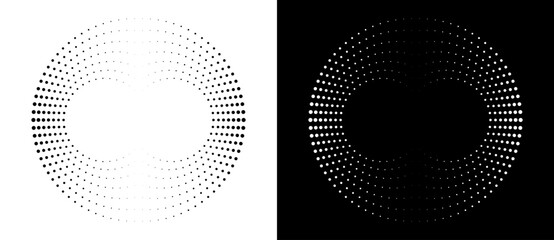 Modern abstract background. Halftone dots in circle form. Spiral logo, icon or design element. Black dots on a white background and white dots on the black side.