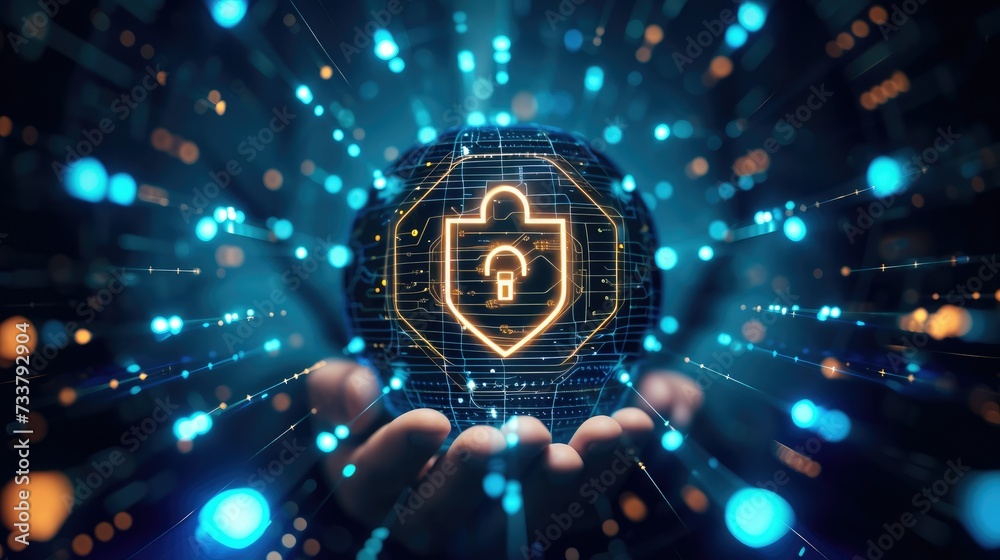 Leinwandbilder businessman holding shield with padlock in hand on global networking connection. cyber insurance. cy