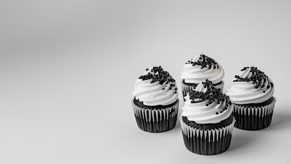 4 Simple chocolate cupcakes with buttercream frosting and sprinkles in white and black, plain background for  product mock up with blank space for bakery or cake design party decor concept