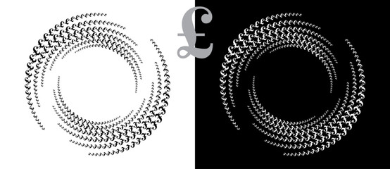 Modern abstract background. Halftone POUND sign in circle form. Round logo. Design element or icon. Black shape on a white background and the same white shape on the black side.