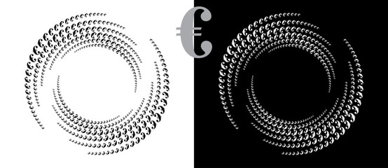 Modern abstract background. Halftone EURO sign in circle form. Round logo. Design element or icon. Black shape on a white background and the same white shape on the black side.