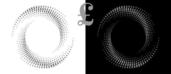 Modern abstract background. Halftone POUND sign in circle form. Round logo. Design element or icon. Black shape on a white background and the same white shape on the black side.
