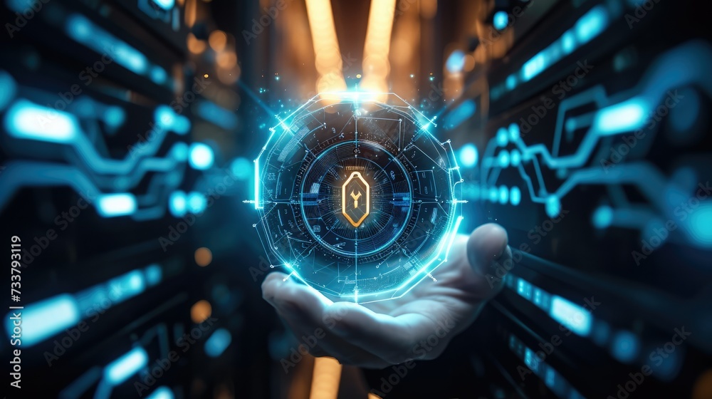 Fototapete Businessman holding Shield with padlock in hand on global networking connection. Cyber Insurance. Cyber security data protection business technology privacy concept. Cyber insurance. Generative AI.
