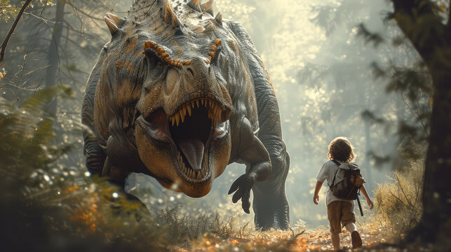 A boy being chased by a giant T-Rex in a woods. Generative AI.