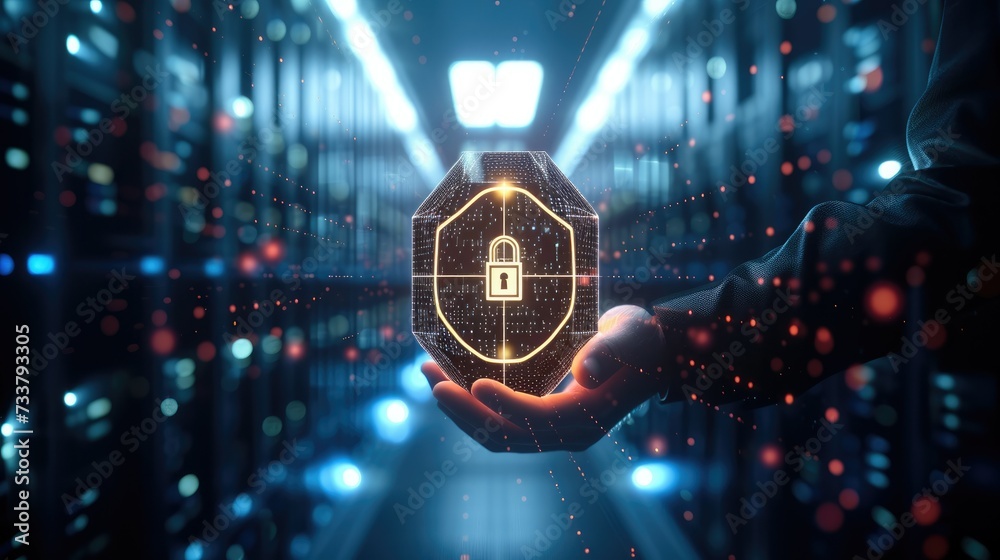 Leinwandbilder businessman holding shield with padlock in hand on global networking connection. cyber insurance. cy
