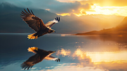 Fototapeta na wymiar Majestic Eagle Flying over Reflective Lake at Sunset for Freedom and Nature Concepts