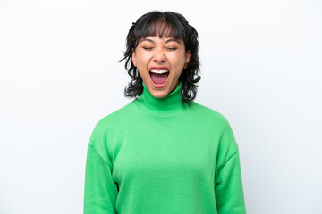 Young Argentinian woman isolated on white background shouting to the front with mouth wide open