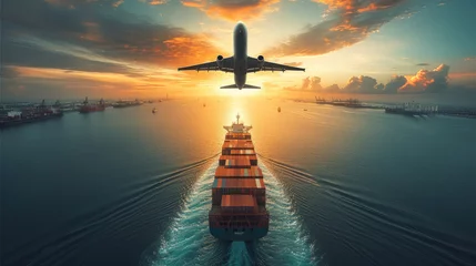 Fotobehang Air, land, sea transportation, cargo ship in a seascape, an airplane flying above. Generative AI. © visoot