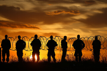 Silhouetted Soldiers at Sunset for Military and Defense Themes in Publications and Documentaries