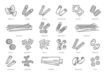 Pasta type outline icons or noodles pictograms. Farfalle, penne, gemelli, cannelloni and ravioli, radiatori various shape Italian wheat pasta, Italy cuisine noodles types thin line vector icons set - obrazy, fototapety, plakaty