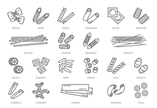 Pasta type outline icons or noodles pictograms. Farfalle, penne, gemelli, cannelloni and ravioli, radiatori various shape Italian wheat pasta, Italy cuisine noodles types thin line vector icons set