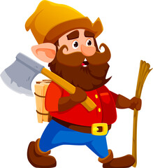 Cartoon gnome or dwarf lumberjack character Isolated vector personage with a bushy beard, red shirt, and an oversized axe, exuding charm and mischief while bringing a touch of woodland magic to life