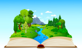 Cartoon opened book with lake, river or pond, green meadow and forest, vector nature landscape. Mountain rock and river in summer forest valley on book pages for fairy tale story or game background