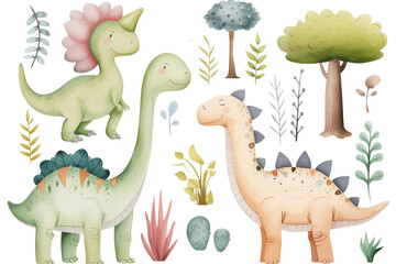 Collection of watercolor dinosaurs and plants, with a whimsical, child-friendly style.