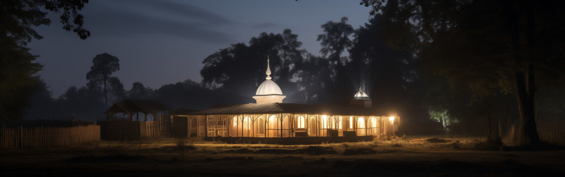 Traditional mosque made of bamboo, located in the middle of the village with a rural feel. Images can be used for banners, covers, backgrounds, invitations and Islamic events