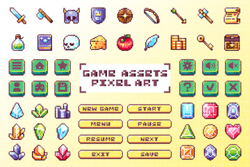 Pixel Game UI Retro 8bit Icons, Buttons and Signs - Start, Pause, Save Buttons, Sword, Armor, Coins, Arrow Symbols, Setting Menu, Favorite, Exit, OK, Treasure, Monster, Skill, Gemstone, Jewel Elements