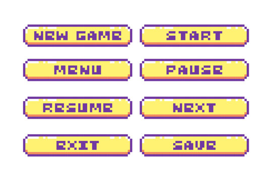 Pixel Art Game Buttons Set: 8 Bit Style New Game, Start, Menu, Pause, Resume, Next, Exit, Save Buttons. Yellow Retro Computer Video Game Elements for Game Interface and Arcade Design.