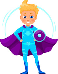 Cartoon kid superhero character. Isolated vector fearless boy super hero in blue costume and purple cape, stands with beaming smile, ready to conquer adventures and save the day with boundless energy