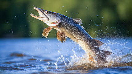 Pike fish jumping out of lake or river with splashes. Fishing concept. 
 - obrazy, fototapety, plakaty