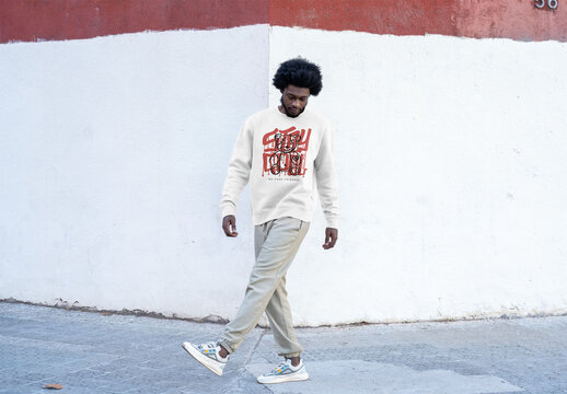 Mockup of man wearing customized sweatshirt, full length