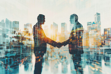 Business Handshake Blended with Cityscape for Corporate Deals and Partnership Concepts